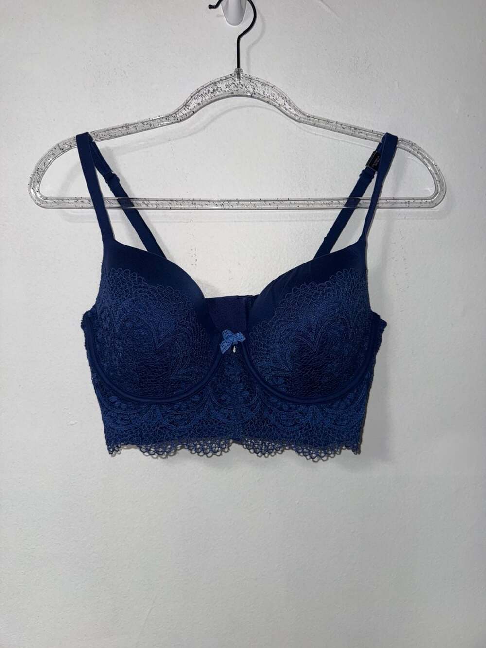 Victoria's Secret Body By Victoria Lined Demi Bra Size 36D Blue Lace Longline